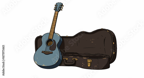 Vintage blue acoustic guitar illustration leaning against its open, weathered brown hard case.