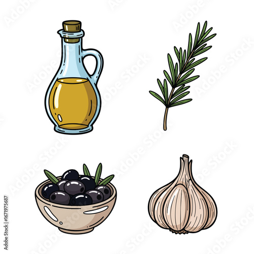 A colorful cartoon illustration set of Mediterranean cooking ingredients olive oil rosemary black olives and garlic.