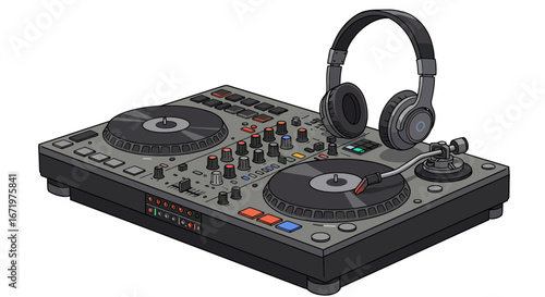 Isometric illustration of a professional DJ controller with turntables, mixer, and headphones.