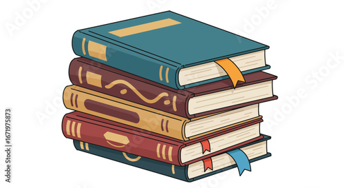 Stack of five colorful hardback books with decorative spines and bookmarks