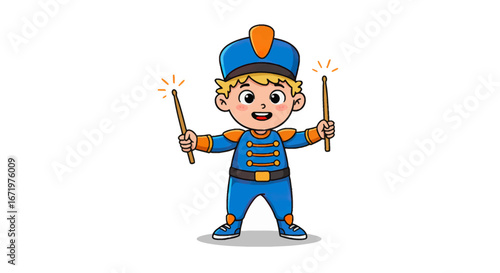 Cheerful Cartoon Drummer Boy in Blue Uniform Holding Drumsticks