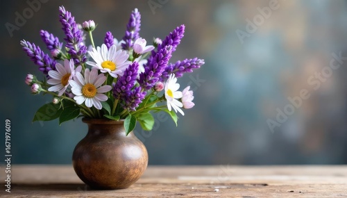 A serene arrangement of lavender, chamomile, and other calming blooms in a rustic vase, perfect for spa settings or peaceful home environments , calm, lavender