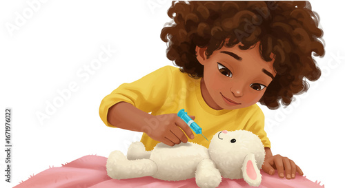 Young Girl Giving Injection to Plush White Bunny Toy