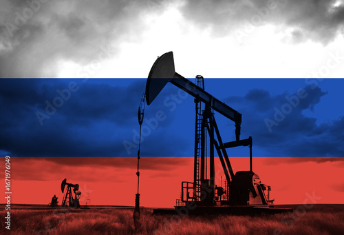 Drilling for oil in the countryside with Russian national flag overlay