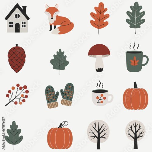  Set of 16 autumn cartoon stickers and icons.  House fox mushroom mittens mug pumpkin leaves