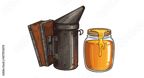 Beekeeping Tools: Smoker and Jar of Golden Honey