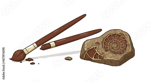 Cartoon illustration of two brown paleontologist brushes and a rock with a detailed ammonite fossil.