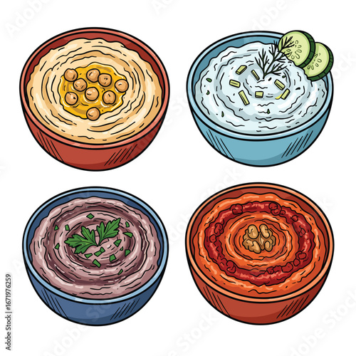 A colorful handdrawn illustration set of four traditional Mediterranean dips hummus tzatziki baba ghanoush and muhammara.