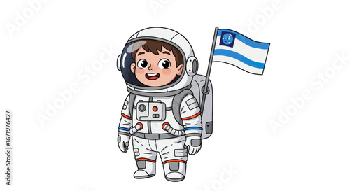 Smiling cartoon child astronaut in a white spacesuit with a backpack holding a waving space flag.