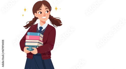 Cheerful schoolgirl with brown pigtails in a maroon uniform holding a stack of colorful books.
