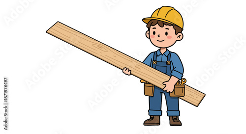 Cartoon Carpenter Holding a Wooden Plank with Tools