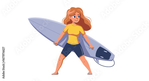 Smiling cartoon woman with wavy ginger hair, holding a light blue surfboard, wearing yellow shirt and dark shorts.