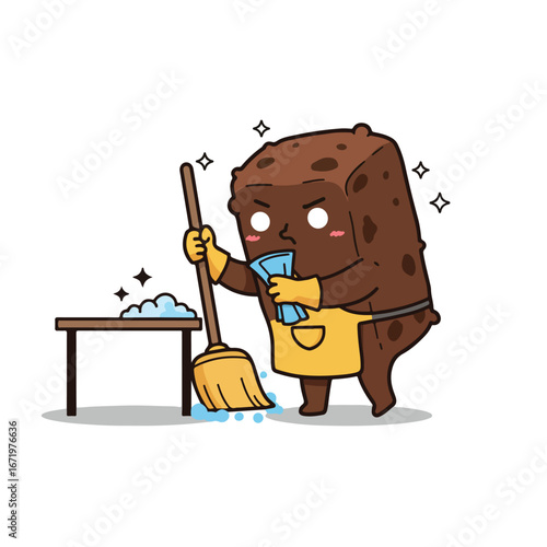 Cartoon Brownie Cleaning Table with Soap & Broom in Room
