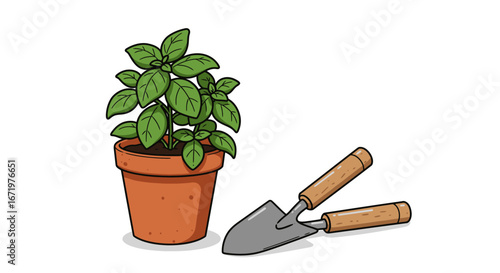 Cartoon potted basil plant with vibrant green leaves and gardening tools, a hand trowel and pruners.