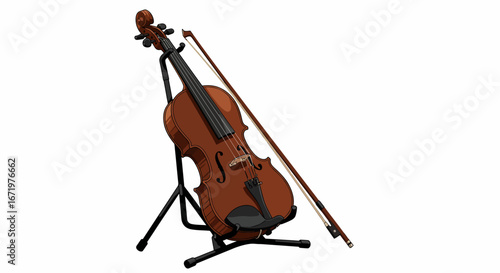Brown Violin on Stand with Bow, Musical Instrument Illustration