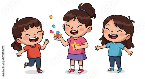 Three happy cartoon children sharing colorful jelly beans with joy