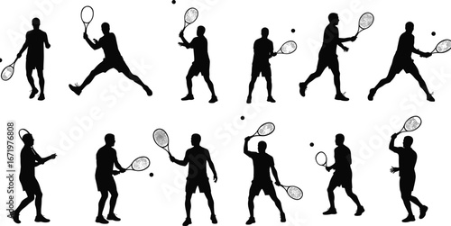 Tennis silhouettes, action poses, racket sports, forehand backhand serve, athlete training, dynamic motion, sports competition, fitness, court play, tennis culture