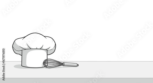 A classic white chef's hat and a wire whisk, depicted in a clean, monochrome line art illustration style.