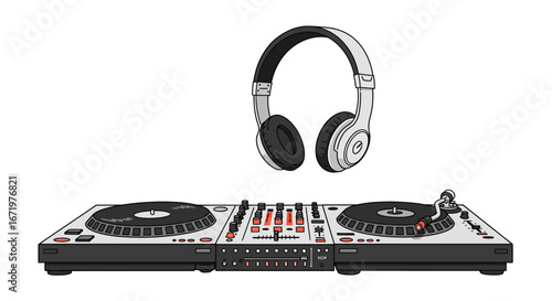 Professional DJ controller with two turntables and mixer, with grey headphones floating above.