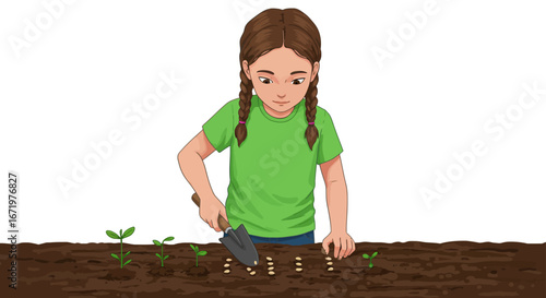 Cartoon girl with brown pigtails in a green shirt carefully planting seeds with a small trowel.