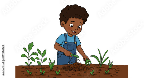 Smiling cartoon boy with curly hair in blue denim overalls planting seeds in a garden bed.