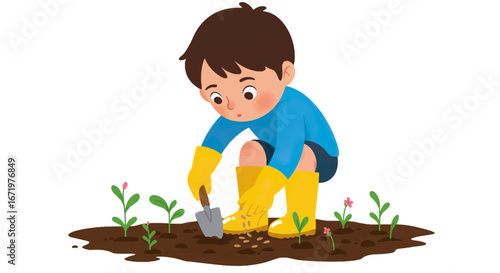 Cute illustrated boy in yellow boots and gloves planting seeds with a small trowel.
