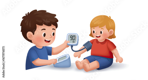 Playful Illustration of Two Children, Boy and Girl, Using a Digital Blood Pressure Monitor