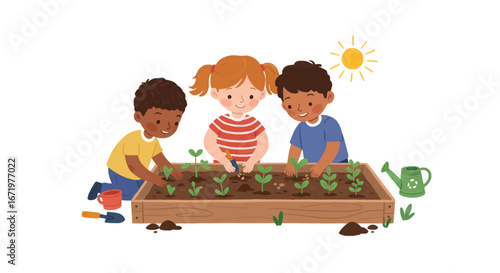 Diverse children happily planting seedlings in a wooden garden bed