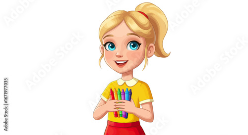 Smiling Cartoon Girl Holding Colorful Crayons, Blonde Hair, Red Skirt.