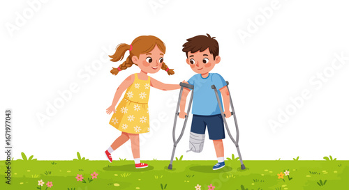 Caring girl in a yellow dress helps an injured boy with a cast walk on crutches.