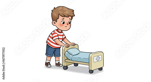 A sad young cartoon boy in a striped shirt pushing a small toy hospital bed.