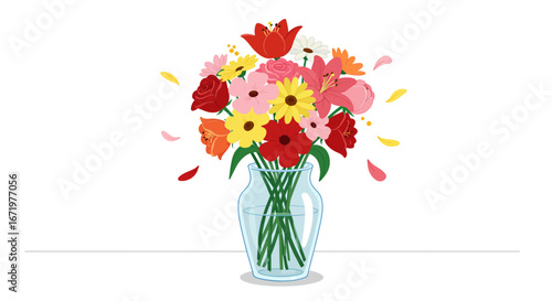 Vibrant illustrated bouquet of colorful mixed flowers in a clear glass vase with water.