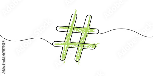 Hashtag symbol. One line continuous Hashtag. Line art, outline, single line silhouette. Hand drawn vector illustration. 