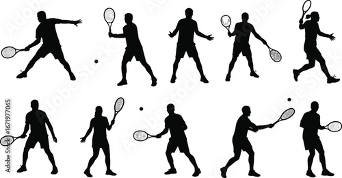 Tennis silhouettes, action shots, racket sports, forehand backhand serve, athlete training, dynamic motion, sports competition, fitness, court play, tennis performance
