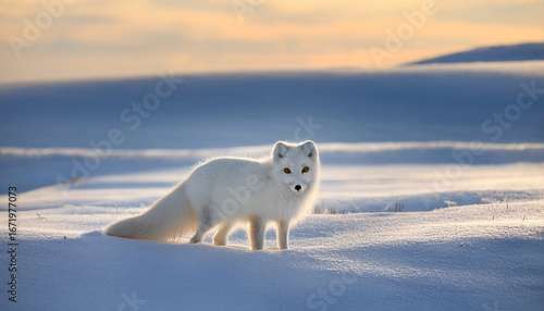 an arctic fox in the snowy tundra of lapland with its white fur blending into the winter landscape