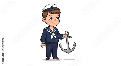 Cute cartoon sailor boy in a traditional blue and white uniform with a hat, holding a metal anchor.