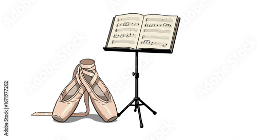 Elegant Ballet Slippers and Sheet Music on a Stand
