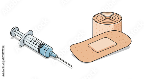 Medical Syringe and Bandage Roll with Adhesive Bandage