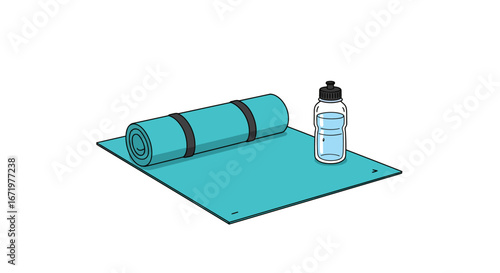 Rolled Teal Yoga Mat with Black Straps and Water Bottle