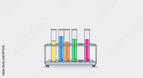 Five colorful liquids in laboratory test tubes on a rack