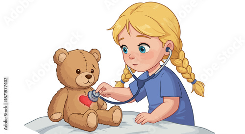Young girl with blonde braided hair using stethoscope on teddy bear