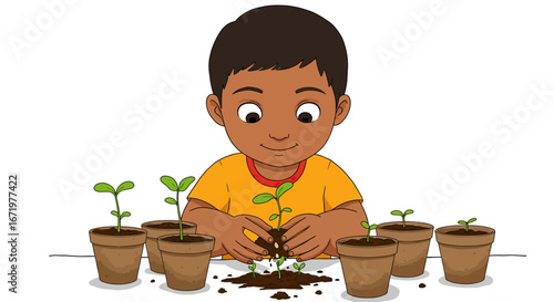 Young boy carefully planting seedlings in terracotta pots with soil