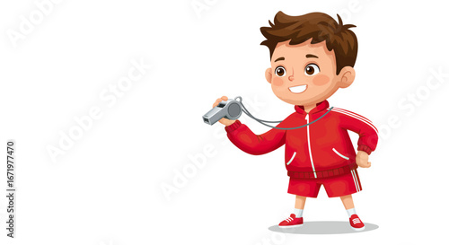 Cheerful young boy in red tracksuit holding a silver whistle