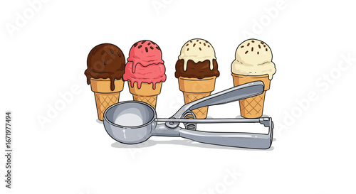 Row of four cartoon ice cream cones with sprinkles and a metal scoop in front.