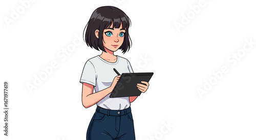 Young Woman Artist Digitally Sketching with Stylus on Tablet