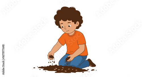 Cartoon Boy Kneeling, Playing with Soil, Orange Shirt, Blue Jeans