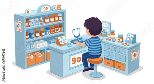 Cartoon Boy Doctor with Stethoscope at Play Pharmacy Counter