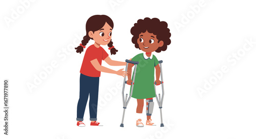 Supportive friend helps child with prosthetic leg and crutches