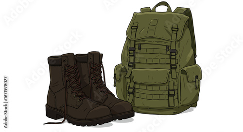 Detailed illustration of sturdy brown combat boots with untied lace and an olive green tactical backpack.