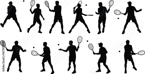 Tennis silhouettes, player action poses, racket sports, forehand backhand serve, athlete training, dynamic motion, sports competition, fitness, court play, tennis technique